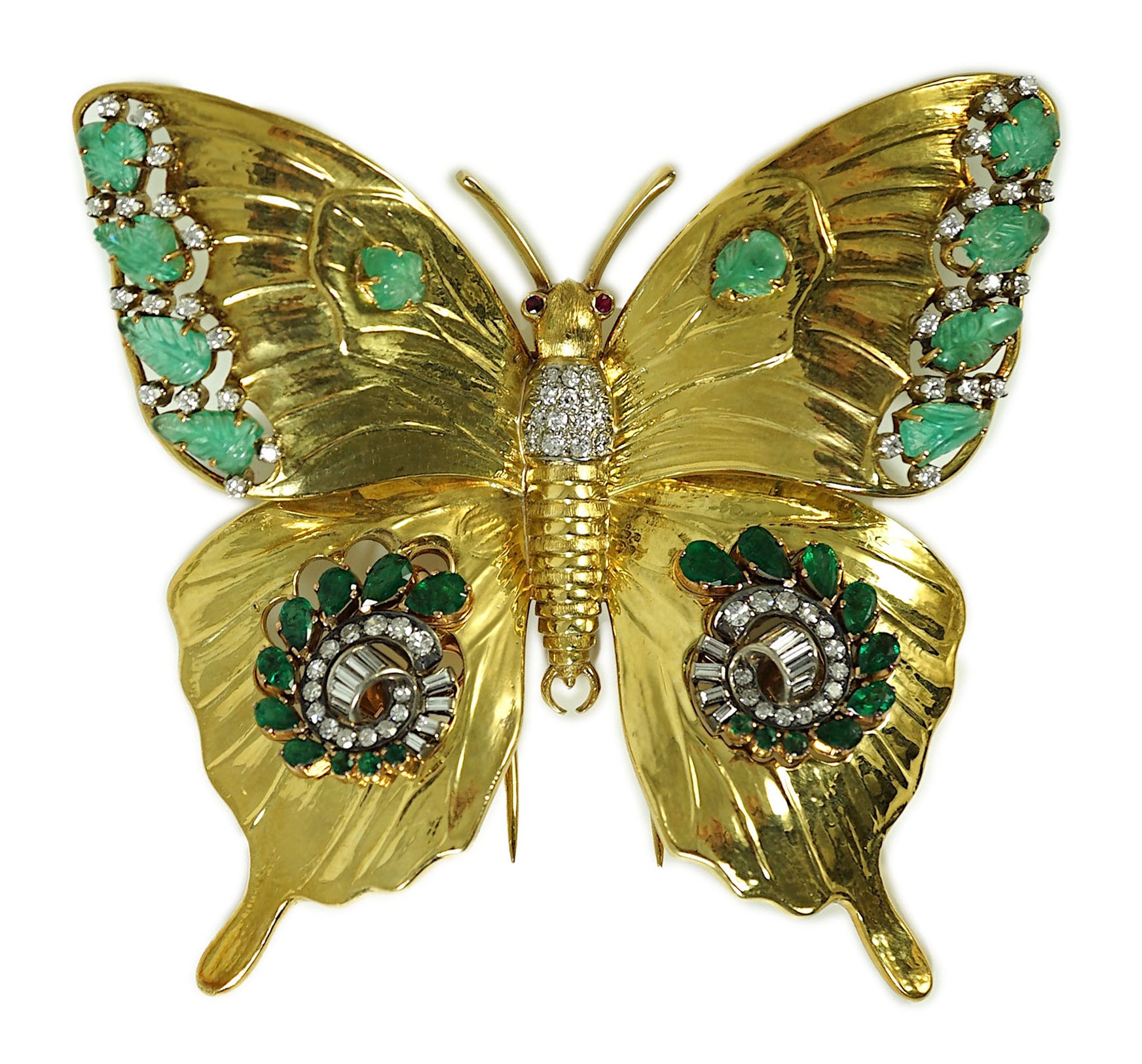 A modern 18ct gold, emerald and diamond set butterfly clip brooch